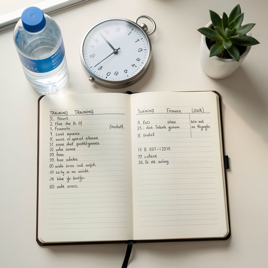 Editorial workspace with notebooks, a printed training schedule, and a cup of tea in morning natural light on a clean wooden desk
