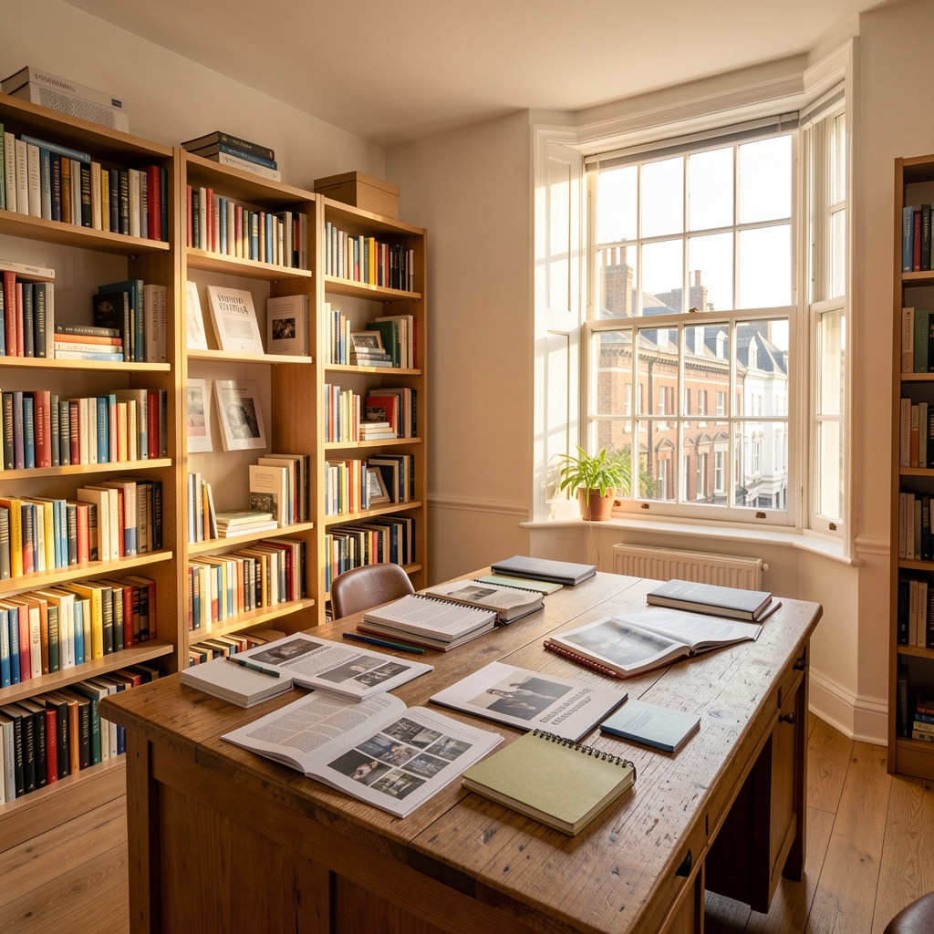 Wide-angle view of a bright London editorial office with bookshelves, a wooden desk scattered with notebooks and printed articles, late afternoon light through sash windows