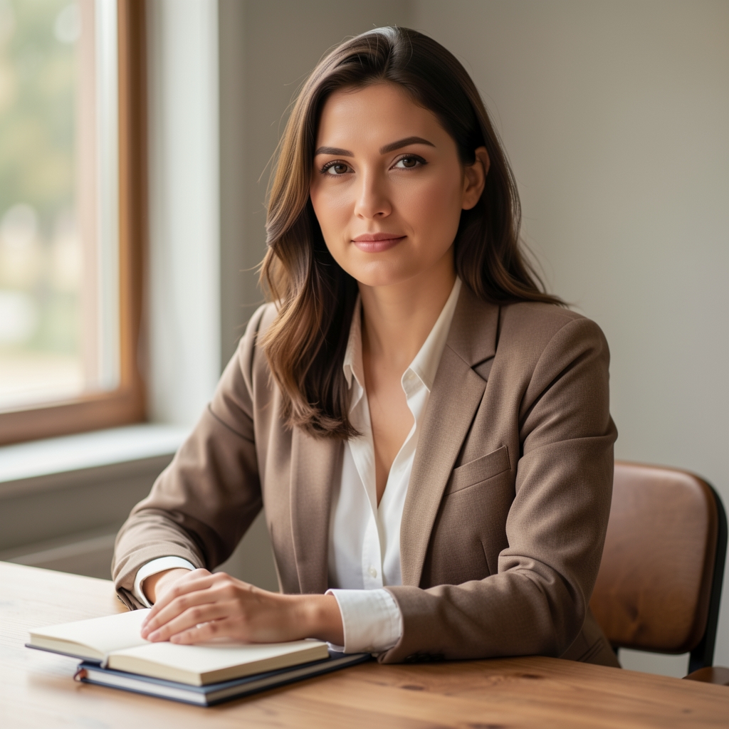Portrait of Eleanor Whitfield, lead editor at Ondavi Quarterly, natural light office portrait