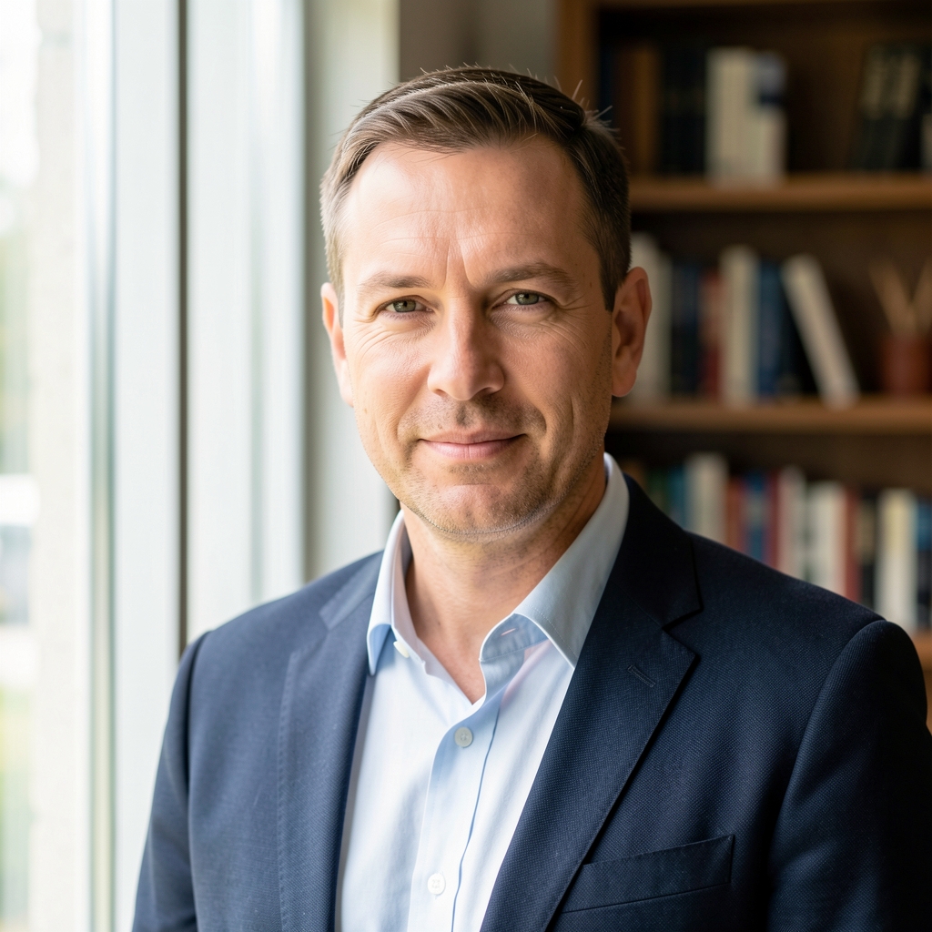 Portrait of a man in his forties with short hair, standing near a bright window with bookshelves visible in the background, professional editorial setting