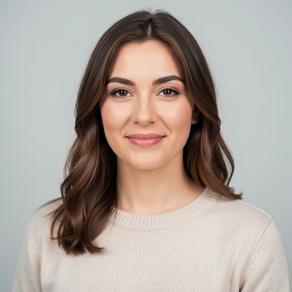 Portrait of a woman in her late twenties, wearing a light jumper, photographed against a clean light grey background with soft studio lighting