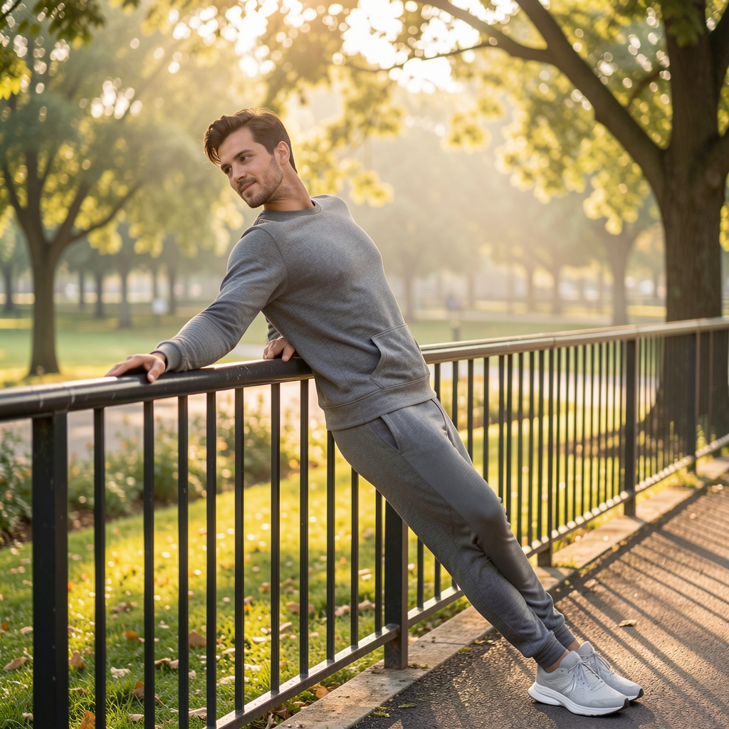 Person stretching against a park railing in morning light, wearing comfortable athletic wear, relaxed cool-down posture after a walk