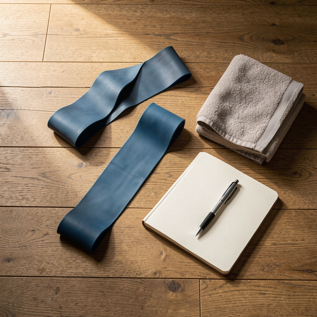 Flat lay of training equipment on a wooden floor: resistance band, water bottle, towel, small notebook with a pen, natural daylight from the side