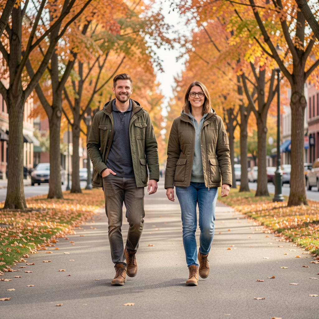 Two people walking side by side on a wide urban path surrounded by autumn trees, wearing casual outdoor clothing, relaxed pace, daylight conditions