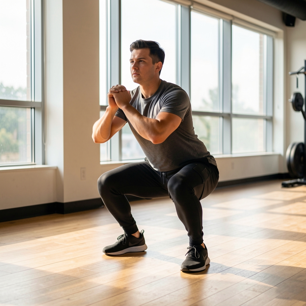 Person performing a simple bodyweight squat on a wooden gym floor with natural light streaming through large windows
