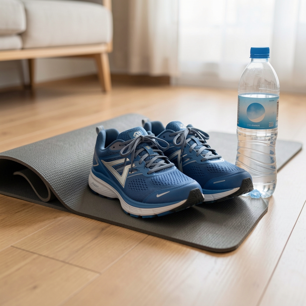 Pair of running shoes placed neatly beside a training mat with a water bottle on a clean wooden floor in a home setting