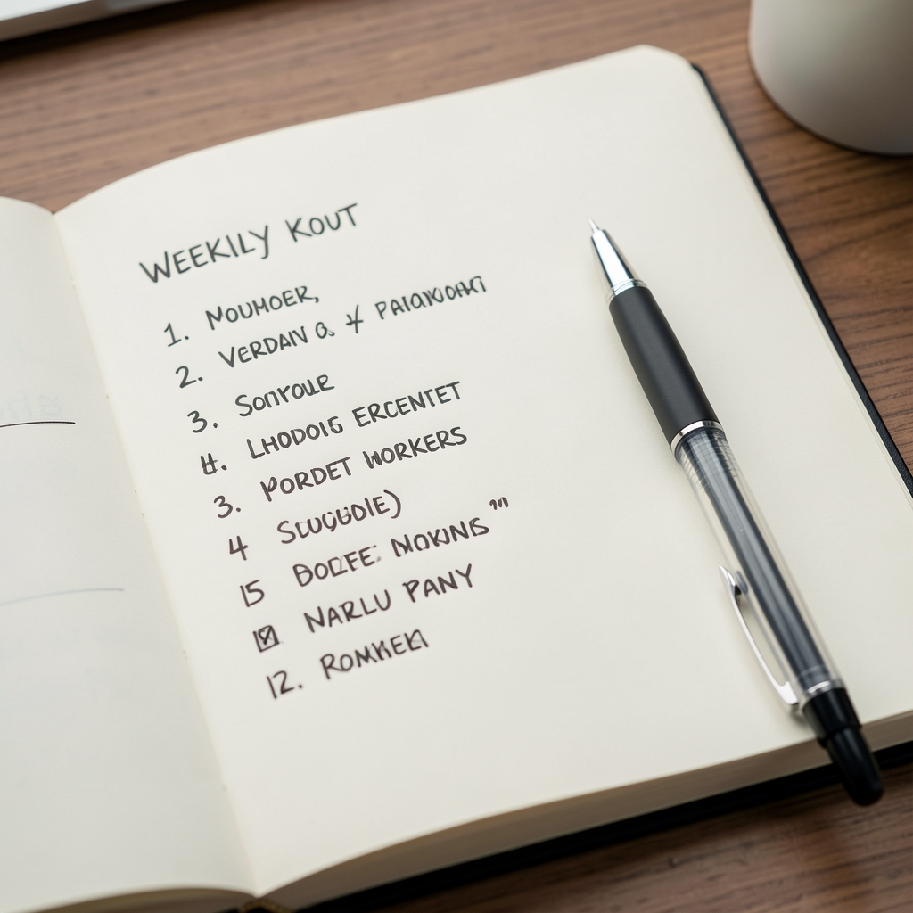Close-up of a handwritten weekly workout schedule in an open notebook with a pen resting across the page on a desk
