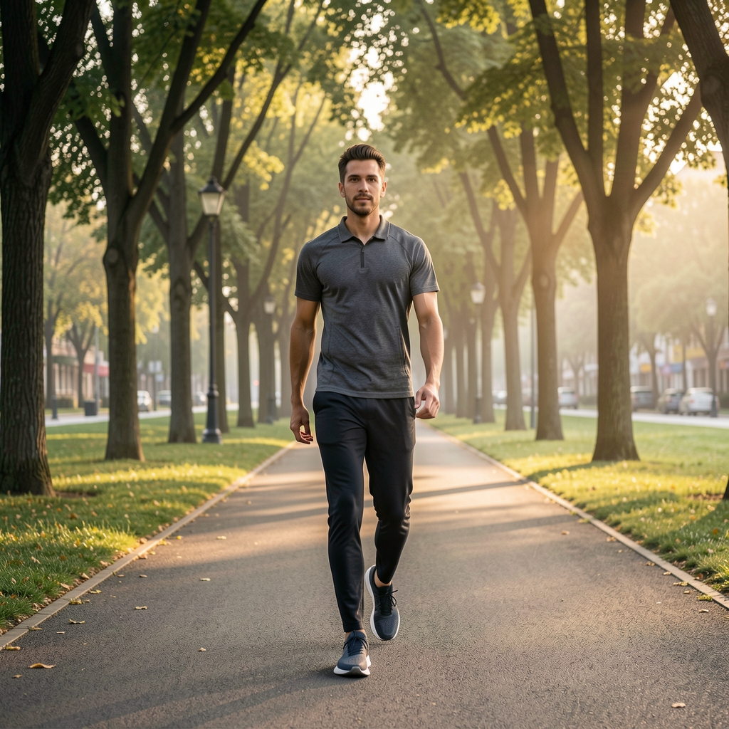 Person walking along a tree-lined path in early morning light, trainers on pavement, active lifestyle in an urban park setting