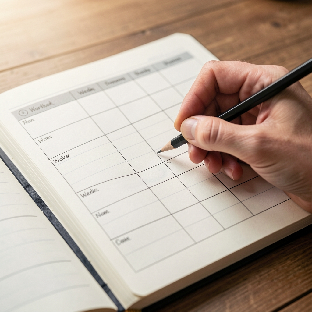 Close-up of a hand writing a workout plan in a planner with weekly grid layout, pencil on paper, soft side light on a wooden surface
