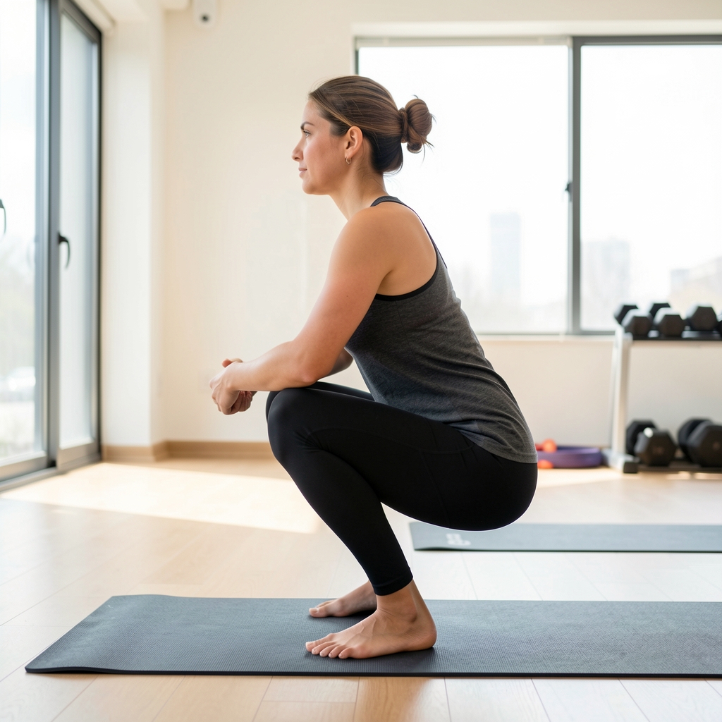 Side view of a person in a deep squat position on a yoga mat, correct alignment with back straight and knees tracking over toes, bright training space