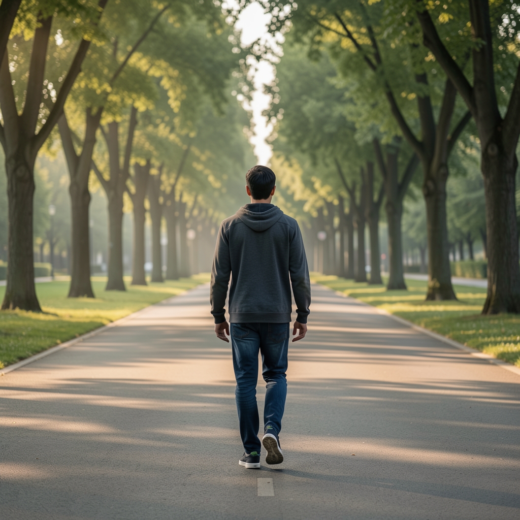 Person walking along a wide tree-lined avenue in soft morning light, wearing comfortable trainers, viewed from slightly behind on a smooth paved path